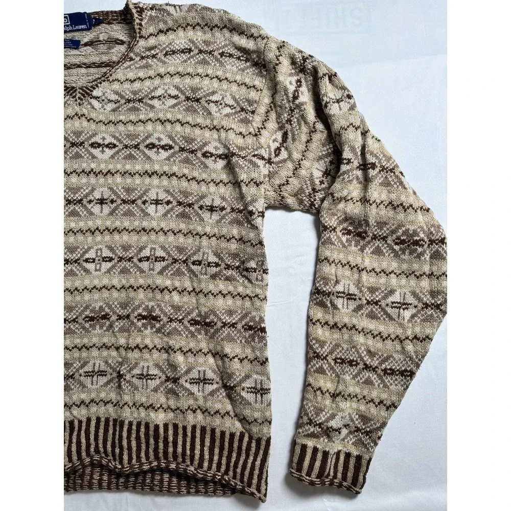 Vintage 90s Polo Ralph Lauren Silk Linen Fair Isle Sweater Mens L Brown Tan